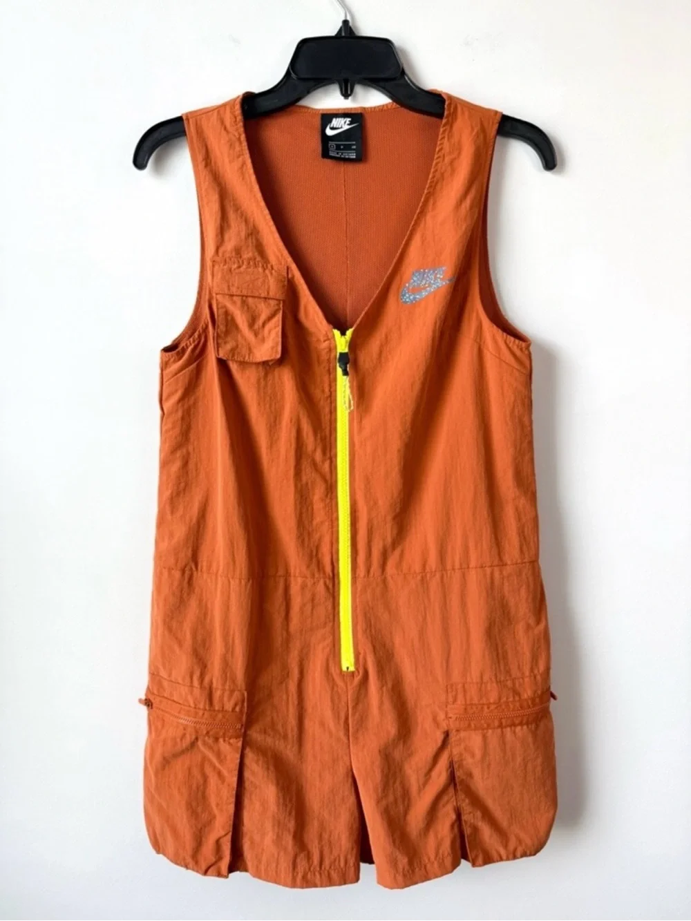 WOMEN NIKE ICON Rust Sleeveless Short Utility Jumpsuit with Neon Zip - Picture 2 of 3